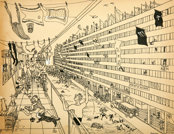 Caricature titled 'Life in high-rise seen by party men from low-rise'