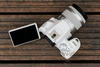 En vit Canon EOS 250D ligger placerad på ett mörkt träbord.