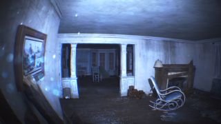 First-person look at abandoned living room with rocking chair and boarded up fireplace in trailer for Paranormal Tales video game