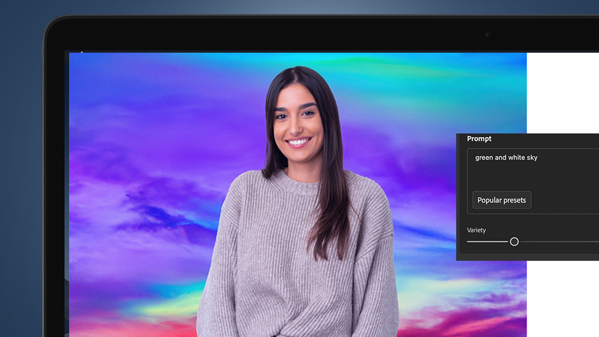 A woman smiling in front of a multi-colored backdrop