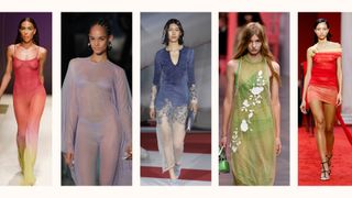 models wearing sheer layers from GCDS, Laquan Smith, Diesel, Fendi, Ferragamo
