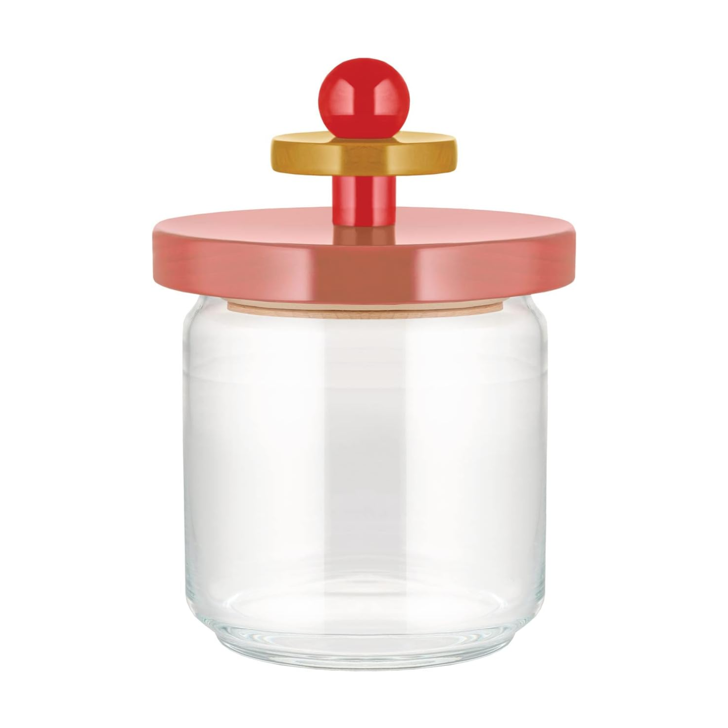 A red, pink, and yellow glass jar