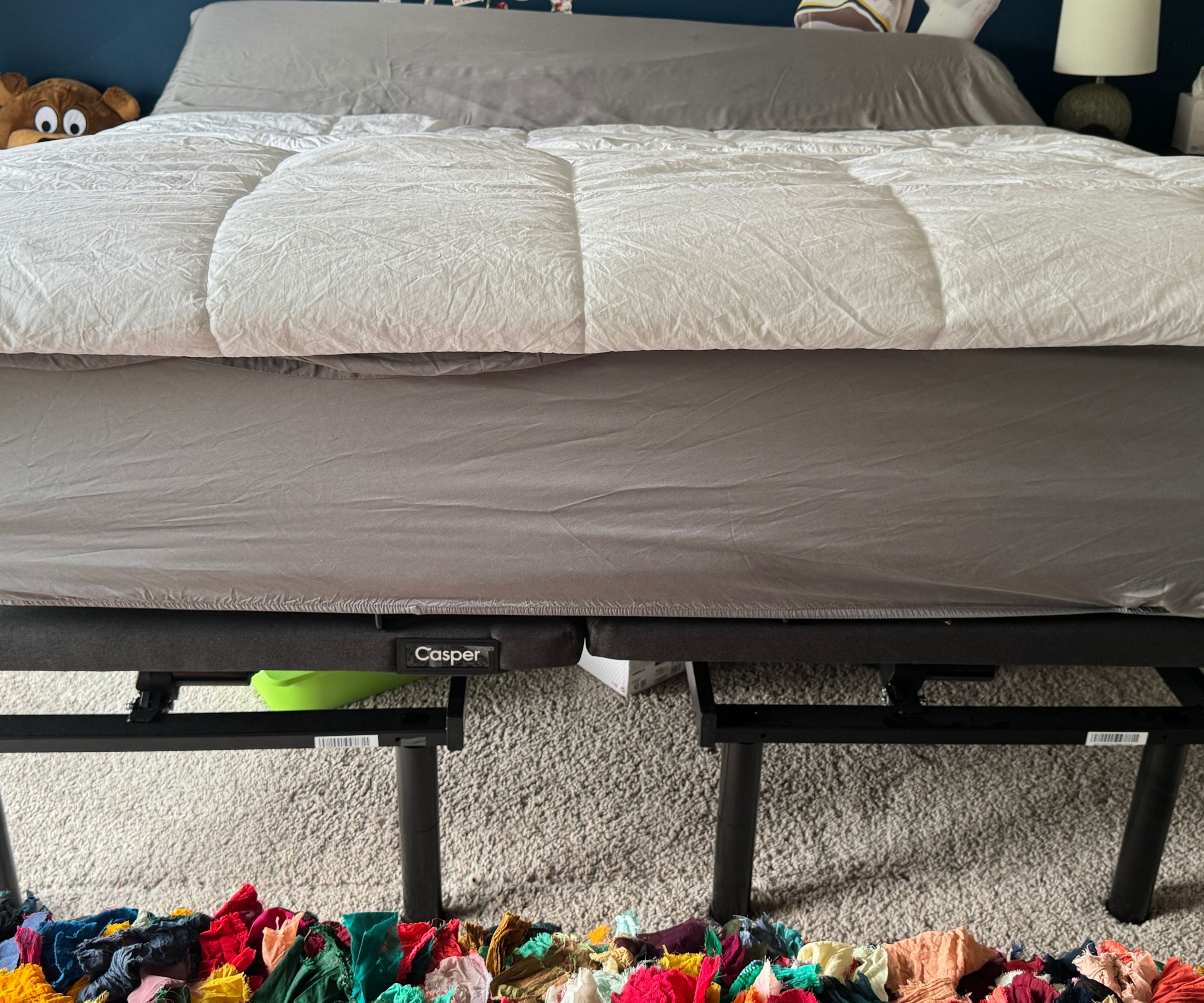 A close up of a mattress on the Casper Adjustable Base.
