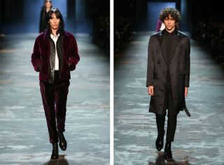 Two front on views of different models walking down the same catwalk, The left in what looks like a velvet maroon jacket, the right in a dark coloured long coat and trousers