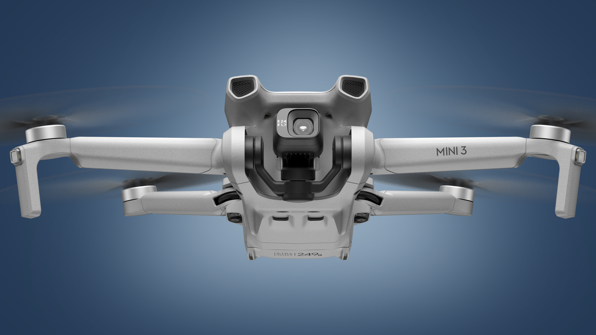 The DJI Mini 3 drone on a blue background