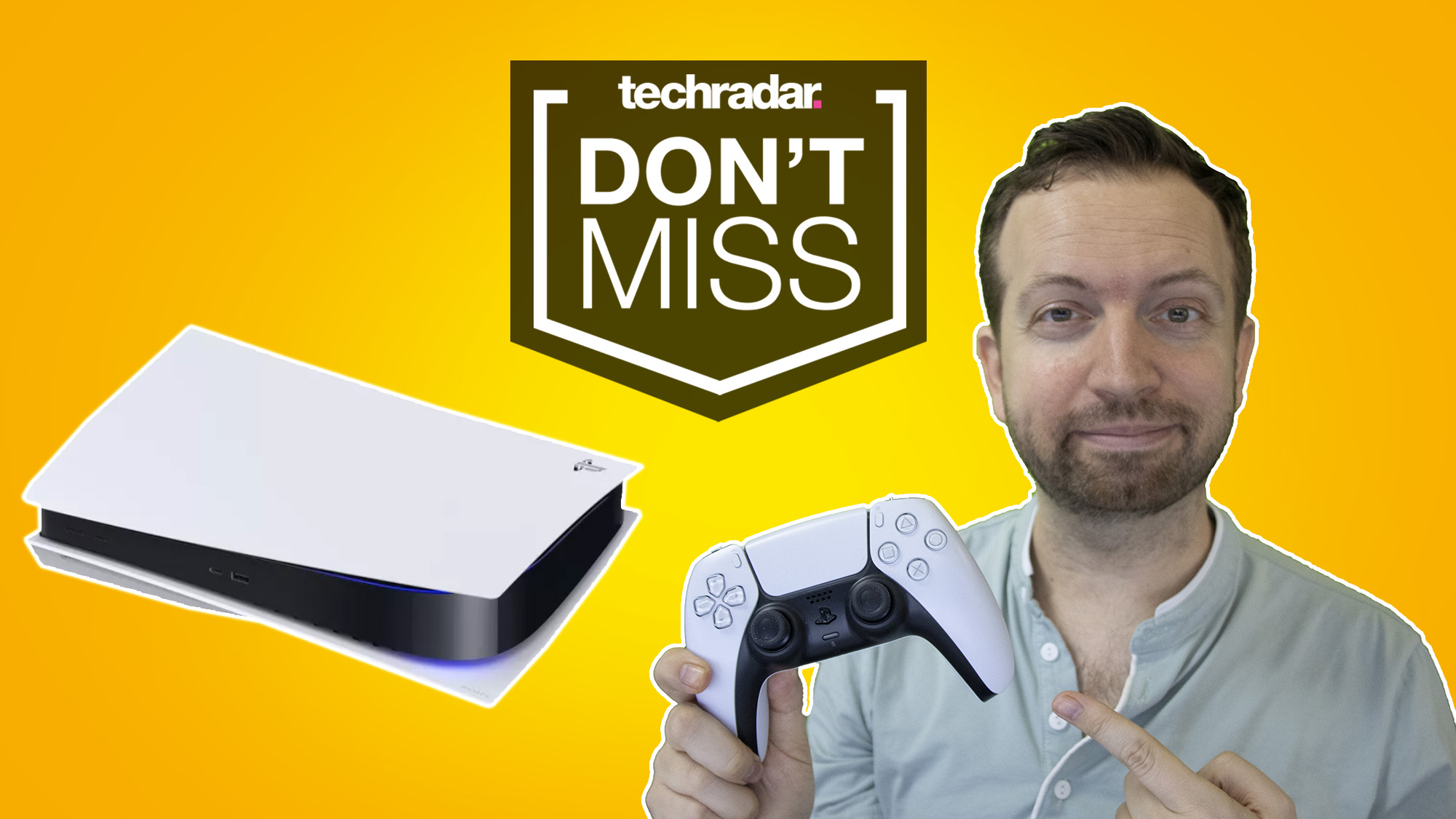 PS5 restock tracker Matt Swider holding a DualSense controller with the PS5 console against a yellow background