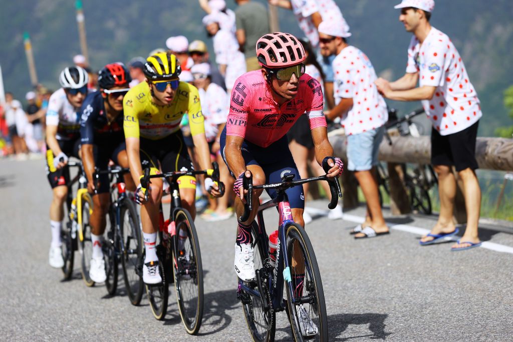 ANDORRELAVIEILLE ANDORRA JULY 11 Rigoberto Urn of Colombia and Team EF Education Nippo Tadej Pogaar of Slovenia and UAETeam Emirates yellow leader jersey during the 108th Tour de France 2021 Stage 15 a 1913km stage from Cret to AndorrelaVieille Public Fans Col de Beixalis 1796m LeTour TDF2021 on July 11 2021 in AndorrelaVieille Andorra Photo by Tim de WaeleGetty Images