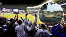 Fans watch a World Series game in LA's Cosm venue (main image) with a general view of TPC Sawgrass' island green inset