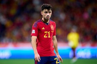 Pedri of Spain looks on during the UEFA Nations League League A Group 2 match between Spain and Switzerland at La Romareda on September 24, 2022 in Zaragoza, Spain.