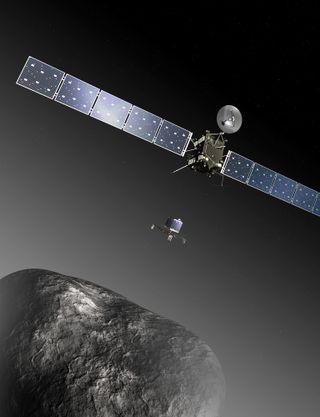An artist's depiction of the European Space Agency's Rosetta mission as the Philae lander nears a historic landing on the Comet 67p/Churyumov-Gerasimenko on Nov. 11, 2014.