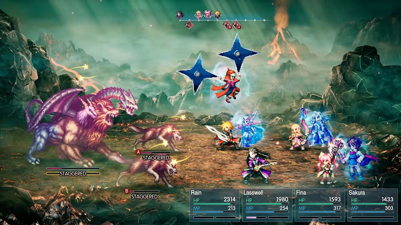 A colorful and dynamic turn-based combat scene featuring characters in a fantasy setting, battling a large dragon-like creature with various magical effects and skills being utilized.