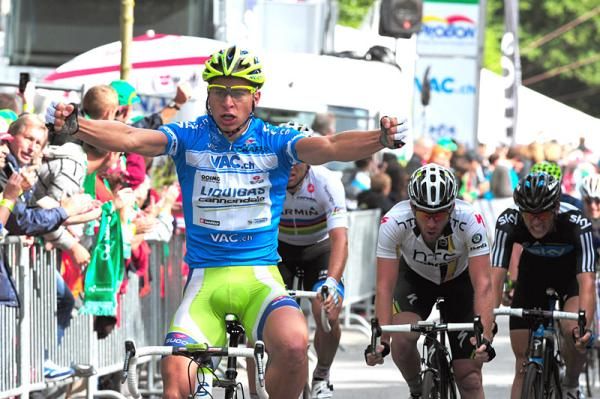 Peter Sagan (Liquigas-Cannondale) celebrates his seventh victory of the season.