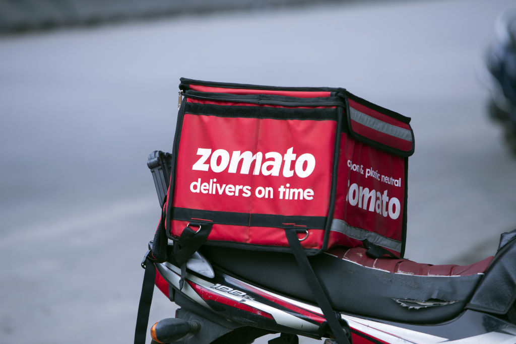 Indian stocks: a Zomato cooler bag on a motorbike