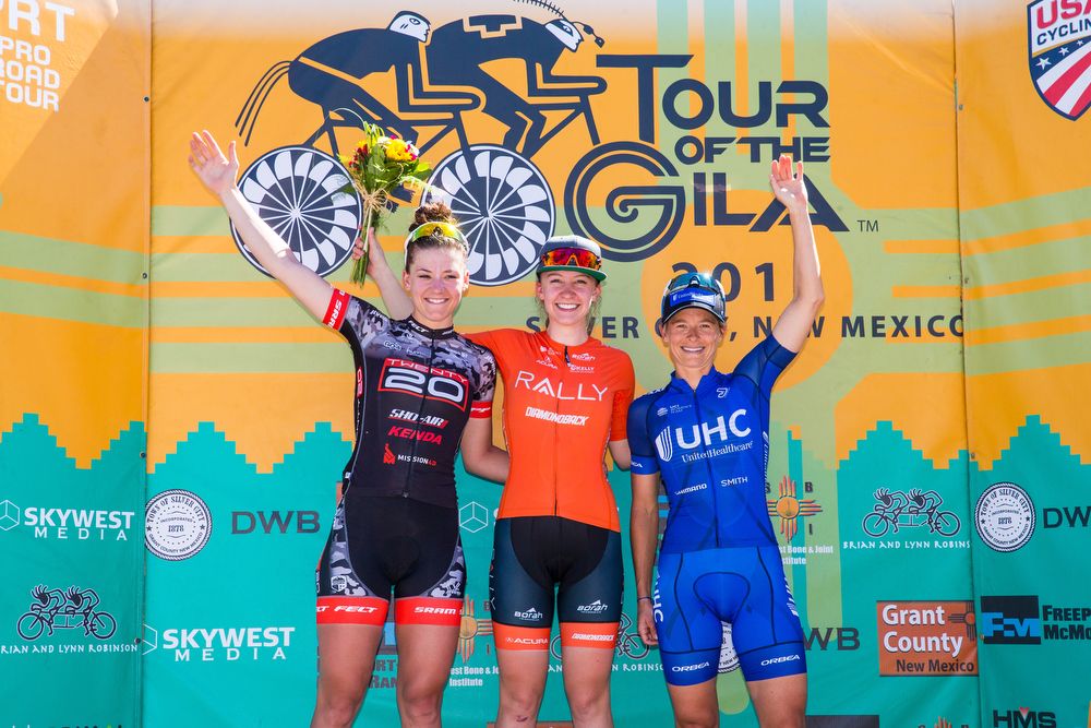 The Tour of the Gila stage 4 podium: Chloe Dygert, Emma White and Lauren Hall