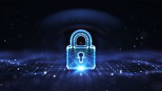 Cybersecurity concept image showing a digitized padlock symbol on a digital interface.