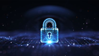 Cybersecurity concept image showing a digitized padlock symbol on a digital interface.