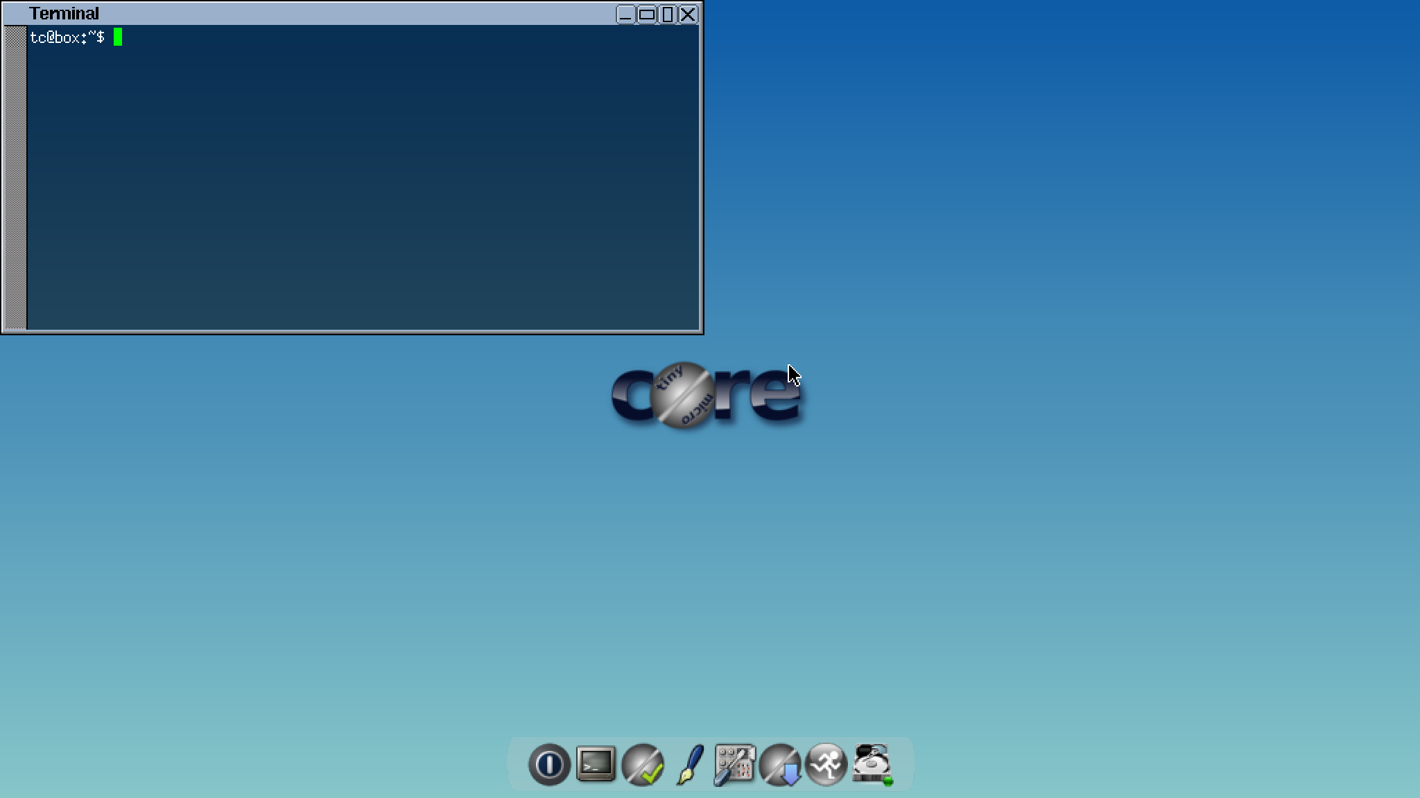 A screenshot of Tiny Core Linux showing a terminal window.