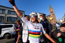 World champion Elisa Balsamo (Trek-Segafredo) celebrates after winning the 2022 edition of Ghent-Wevelgem