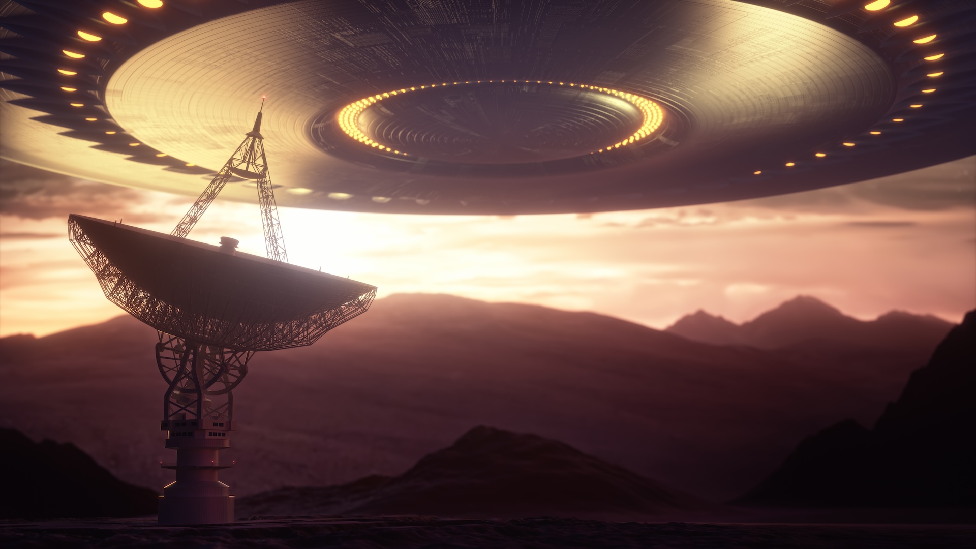 An illustration of a large UFO landing near a satellite at sunset