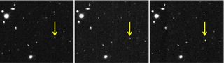 These images show the discovery of the new inner Oort cloud object 2012 VP113 taken about 2 hours apart on UT November 5, 2012. The motion of 2012 VP113 clearly stands out compared to the steady state background stars and galaxies.