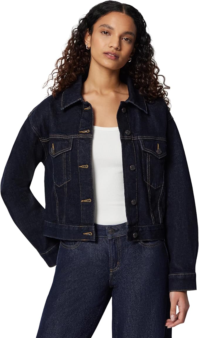 Amazon Essentials, Amazon Essentials Women's Low Stretch Relaxed-Fit Cropped Denim Jacket, Rinse Denim, Large