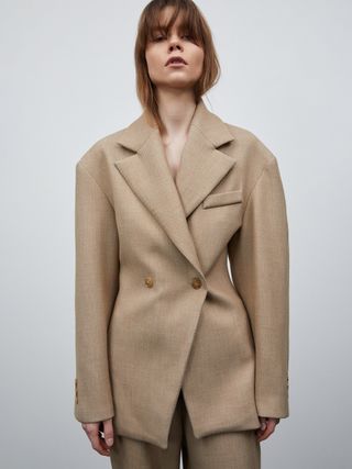 (pre-Order) Nangy Double Breasted Cinched Blazer, Tan Beige