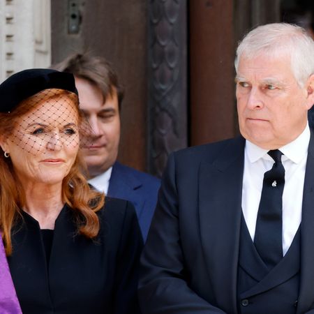 Sarah Ferguson and Prince Andrew wearing black clothing at the Duchess of Kent's funeral