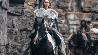 Valene Kane on a horse as Morgan in The Winter King.