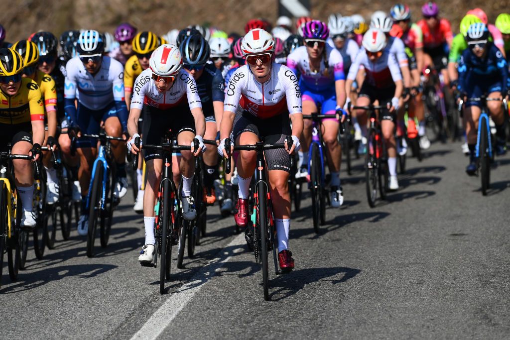 CITTIGLIO ITALY MARCH 20 Clara Koppenburg of Germany and Cdrine Kerbaol of France and Team Cofidis Fminin compete during the 46th Trofeo Alfredo BindaComune di Cittiglio 2021 Womens Elite a 1418km one day race from Cocquio Trevisago to Cittiglio TrBinda UCIWWT on March 20 2022 in Cittiglio Italy Photo by Tim de WaeleGetty Images