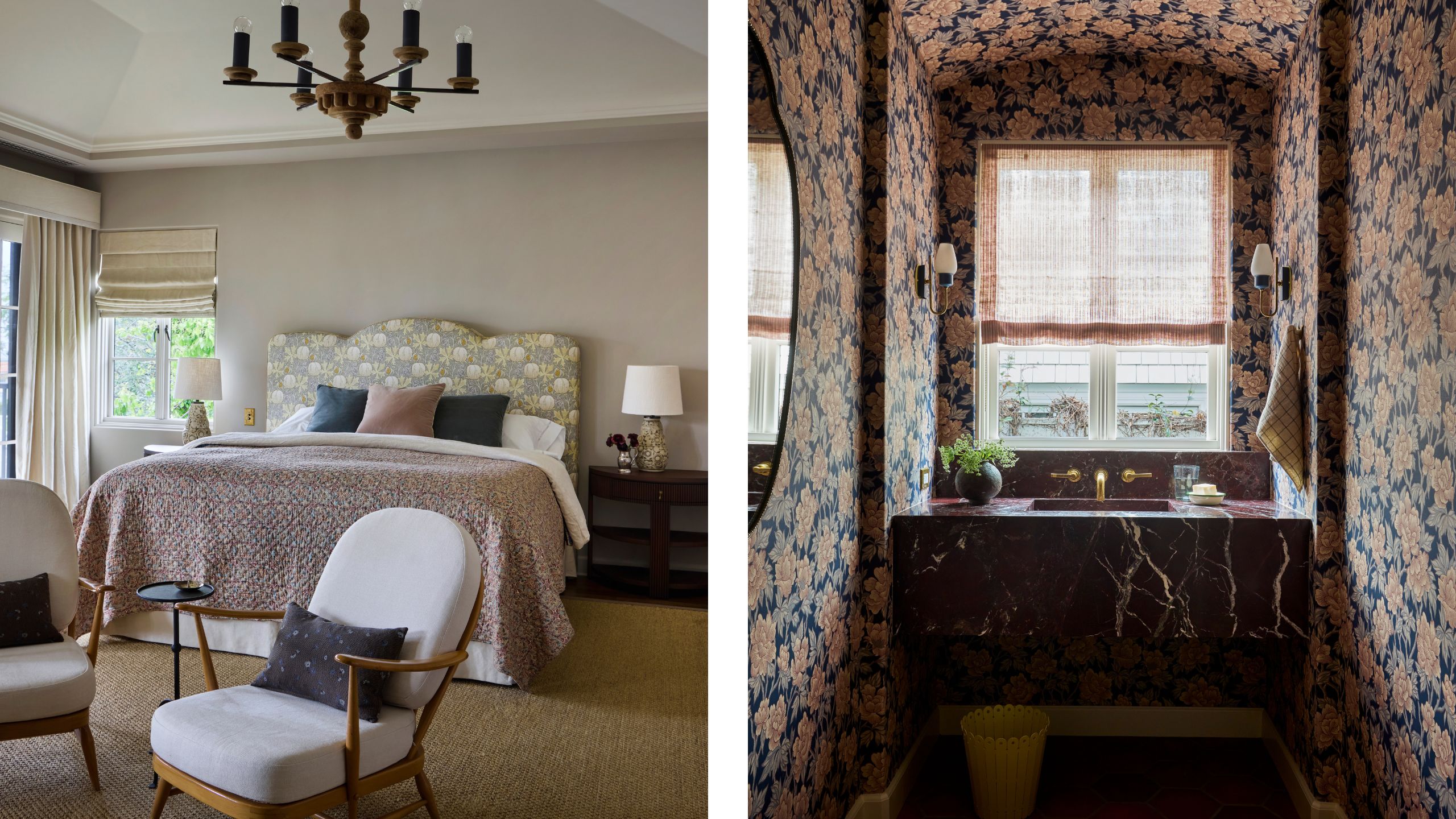 two side by side images of a bedroom with vaulted ceiling and floral bed styled with a small seating area next to a floral wallpapered bathroom with dark red marble sink