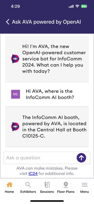 AVA AI helping an InfoComm guest in the app.