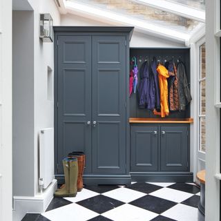 Navy storage cupboards, hanging hooks, checkerboard floor