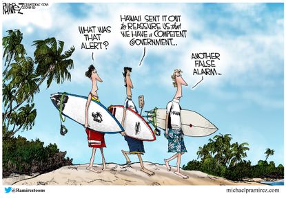 Political cartoon U.S. Hawaii false alarm nuclear missiles
