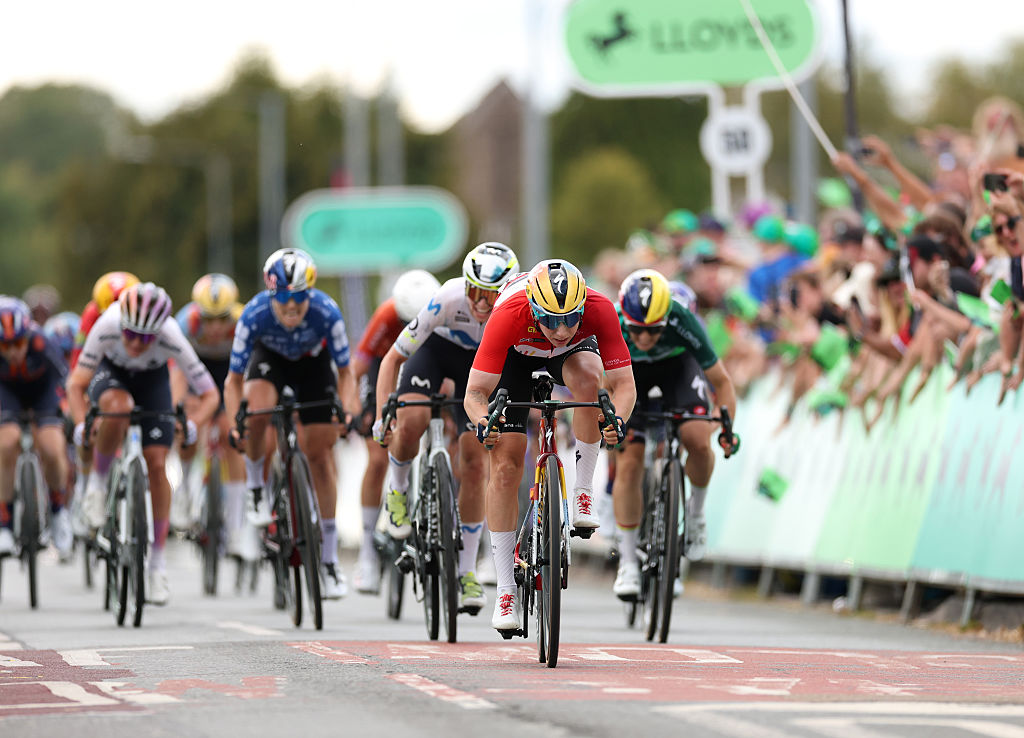 Red Points Jersey celebrates at finish line as stage winner prior to the 11th Lloyds Tour of Britain Women 2026