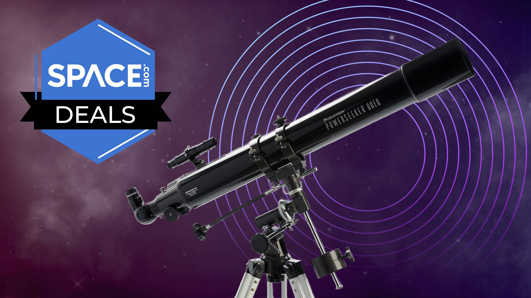 A Celestron Powerseeker 80EQ against a background of concentric circles and space. 