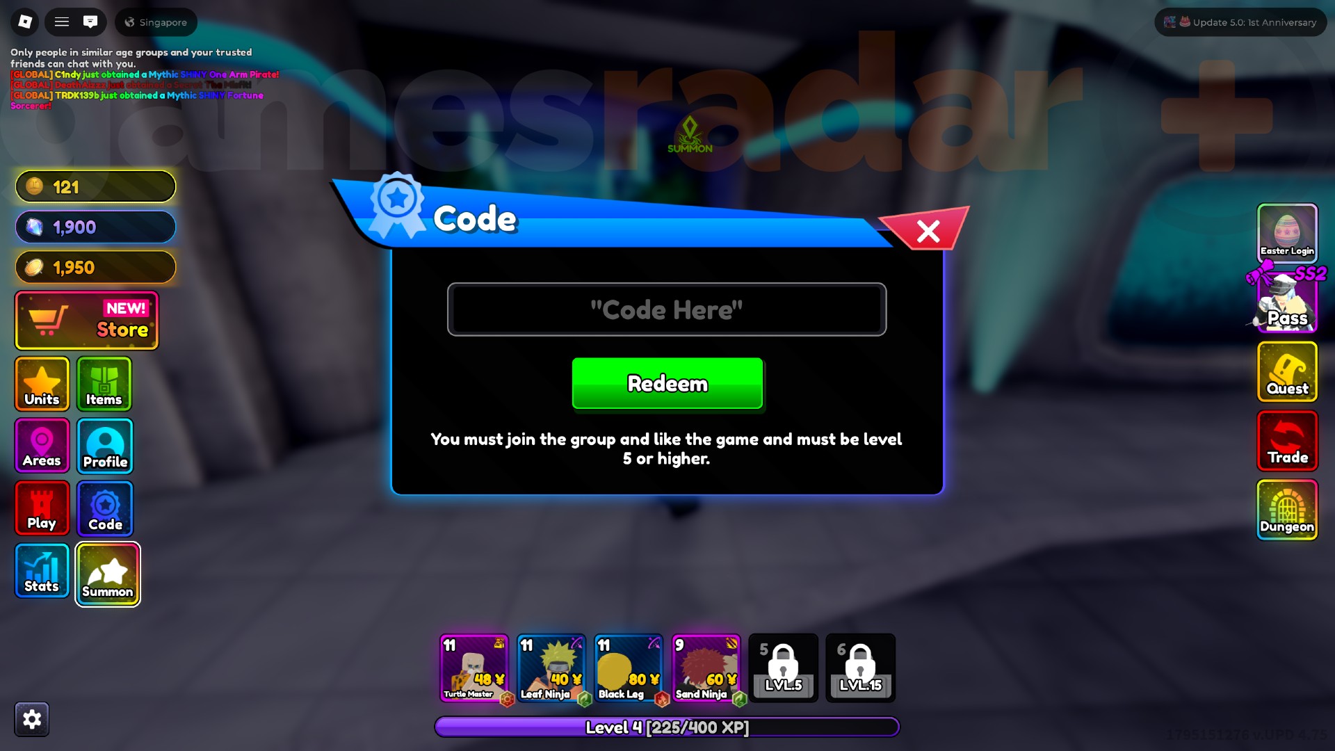 The Re Rangers X codes redemption box in-game.