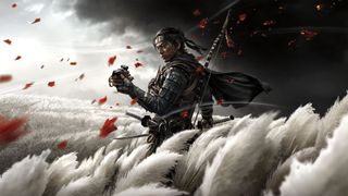 Ghost of Tsushima päähenkilö valkoisen pellon äärellä vasten pimenevää taivasta