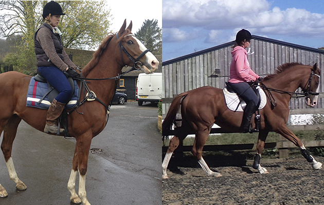 “This is Zak (Hidden Asset) and I have had him for just over a year. I bought him from Cheveral House Racehorse Rehoming where he had just finished racing and had no retraining. Pictured is the first time I sat on him and now. He is competing at novice dressage, has done one-day events and hunter trials and we have high hopes for the future” — Hannah Ward