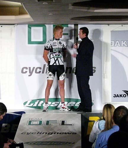 British Eurosport cycling commentator David Harmon (r) was MC for the evening, here seen interviewing team DFL-Cyclingnews-Litespeed rider Kane Oakley at the presentation