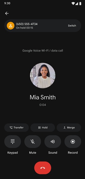 A snapshot of Google Voice's revamped call screen with calling options in more easily accessible spots and the ability to initiate a three-way conference call.