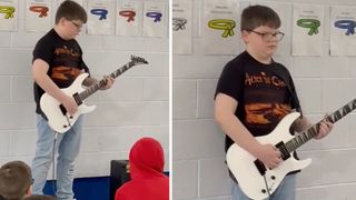 Cole Parsons playing a Jackson electric guitar at his school