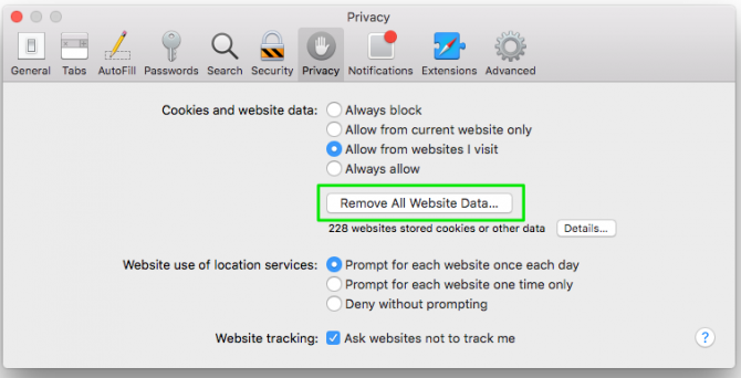 safari remove site data