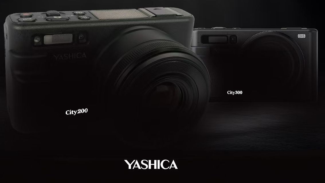 Yashica City 200 and 300 cameras on black background