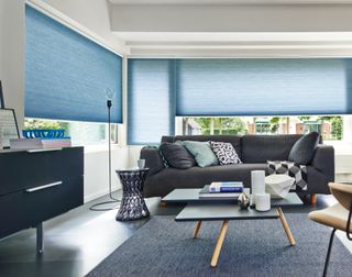 Blue living room blinds with gray couch and rug underneath modern coffee table and dark furniture