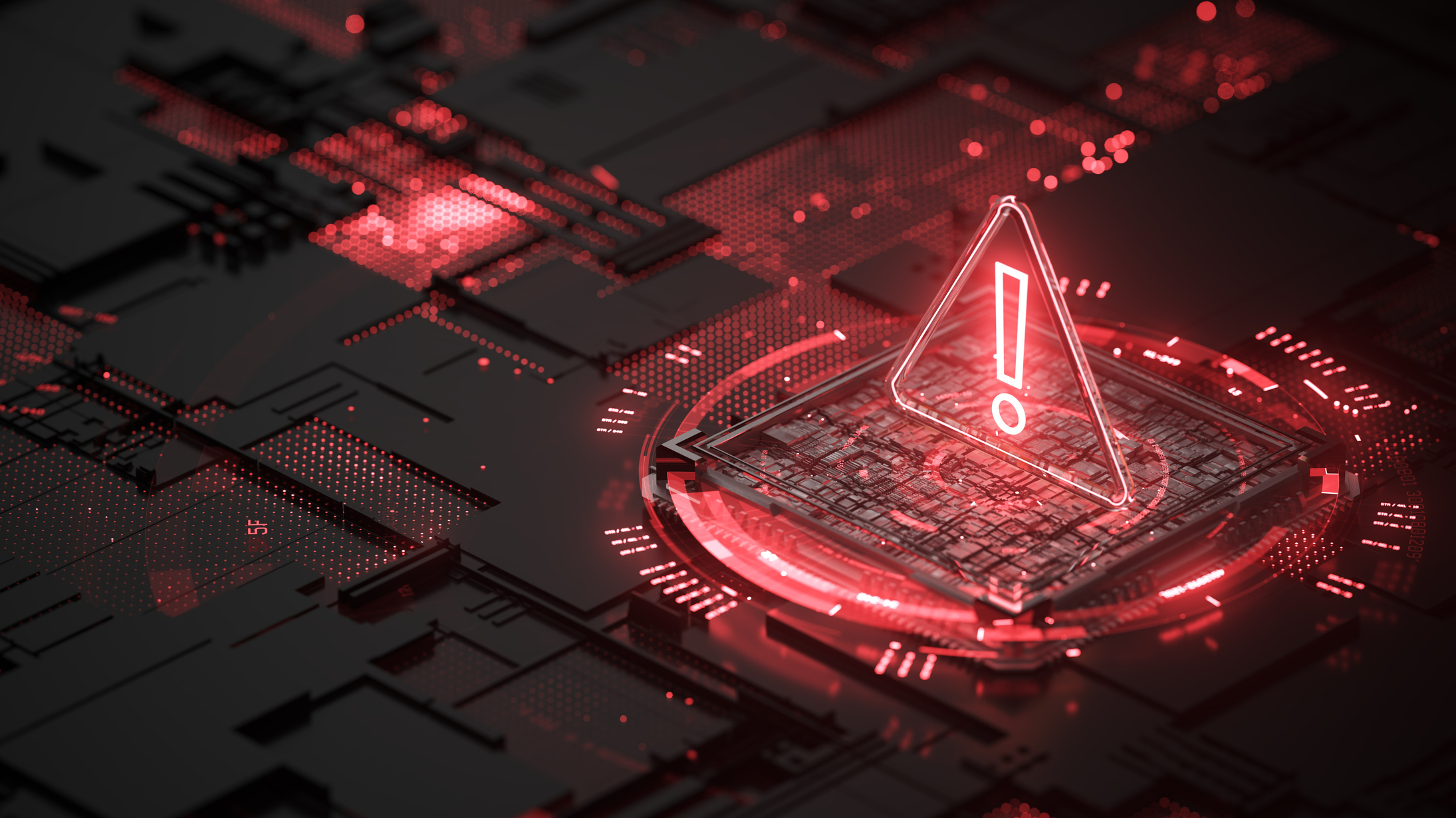 Rendered image of a security warning in the form of a red exclamation mark