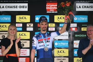 LA CHAISEDIEU FRANCE JUNE 05 Julian Alaphilippe of France and Team Soudal Quick Step celebrates at podium as stage winner during the 75th Criterium du Dauphine 2023 Stage 2 a 1673km stage from BrassaclesMines to La ChaiseDieu 1080m UCIWT on June 05 2023 in La ChaiseDieu France Photo by Dario BelingheriGetty Images