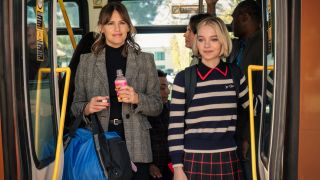 From left to right: A press image of Jennifer Garner and Emma Meyers standing at a bus door in Family Switch.