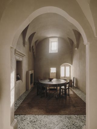 A dining room with arches