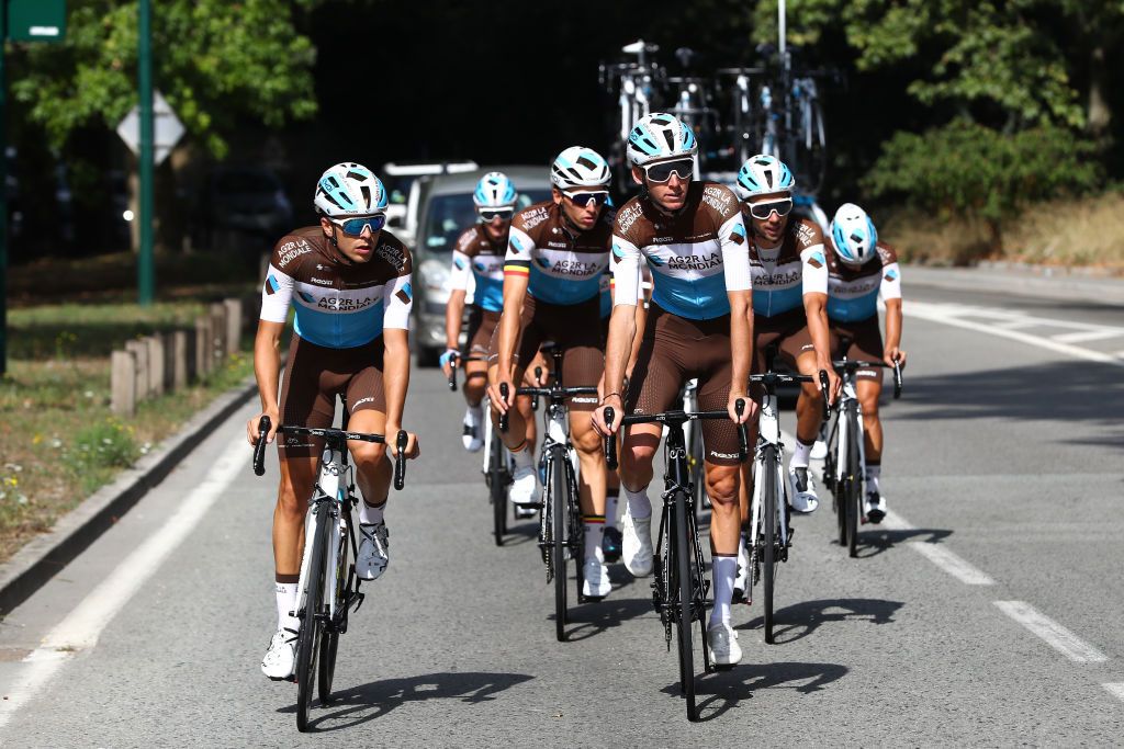 NICE FRANCE AUGUST 28 Romain Bardet of France Mickael Cherel of France Benoit Cosnefroy of France Pierre Latour of France Oliver Naesen of Belgium Nans Peters of France Clement Venturini of France and Alexis Vuillermoz of France and Team Ag2R La Mondiale during the 107th Tour de France 2020 Team Ag2R La Mondiale Training TDF2020 LeTour on August 28 2020 in Nice France Photo by Michael SteeleGetty Images