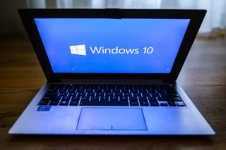 Windows 10 operating system logo is displayed on a laptop screen for illustration photo. Gliwice, Poland on January 23, 2022. (Photo by Beata Zawrzel/NurPhoto via Getty Images)
